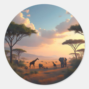 Savannah Dawn – Afrikaanse zonsopgang landschap Kl Ronde Sticker