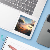 Savannah Dawn - Vierkante Vinyl Sticker (Laptop met iPhone)