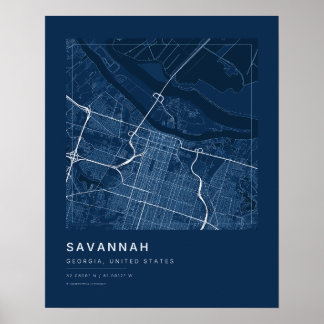 Savannah GA marineblauwe stadsplattegrond kunstpri Poster