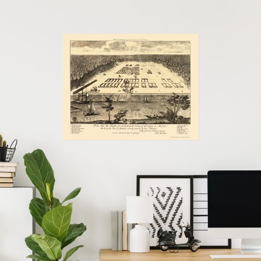 Savannah, GA Panorama Map - 1734 Poster (Thuiskantoor)