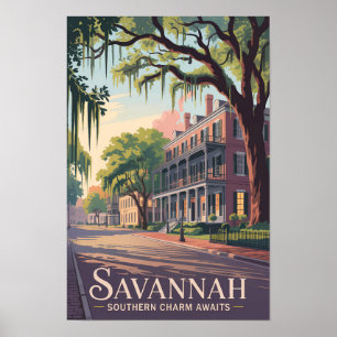 Savannah Georgia Illustratie Reis Kunst Vintage Poster