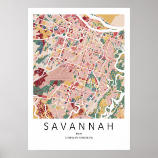 Savannah Georgia Kaart Poster | Moderne Stads Muur