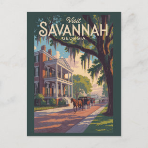 Savannah Georgia Paard Karretje Illustratie Retro Briefkaart