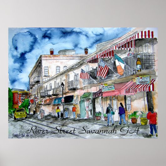 Savannah Georgia River Street cityscape art print (Voorkant)