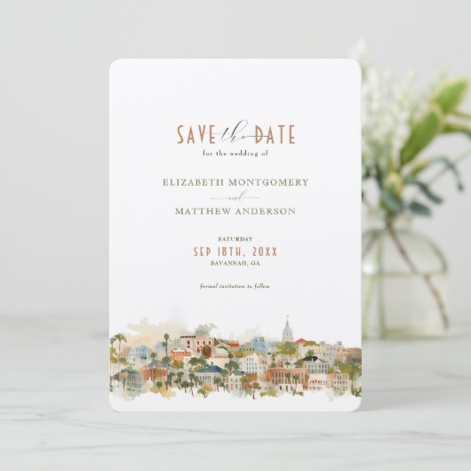 Savannah Georgia Skyline Save-the-Date Kaart (Staand voorkant)
