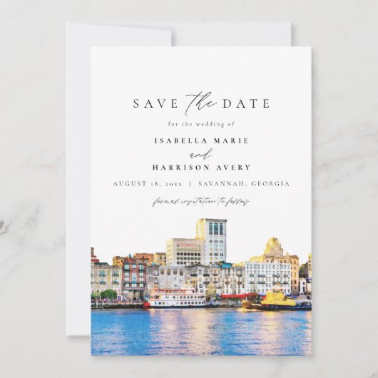 SAVANNAH Georgia Waterverf Skyline Bewaar de datum Kaart (Voorkant)