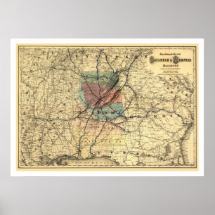 Savannah & Memphis Railroad Map 1872 Poster