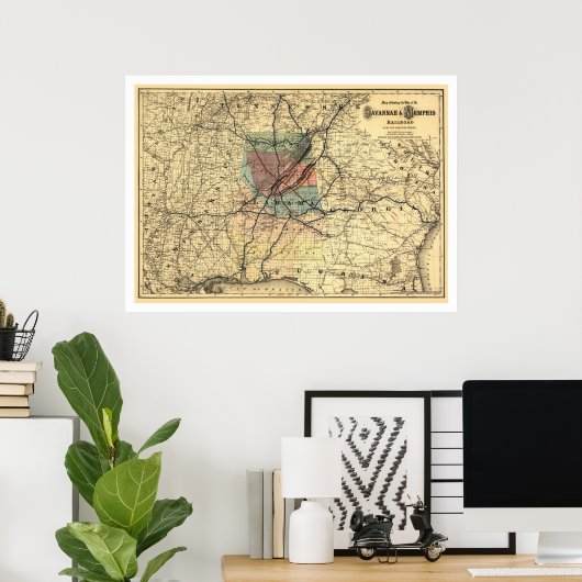Savannah & Memphis Railroad Map 1872 Poster (Thuiskantoor)