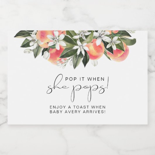 SAVANNAH Peach Baby shower Pop als ze Pop Sparkling Wijnetiket (Enkel label)