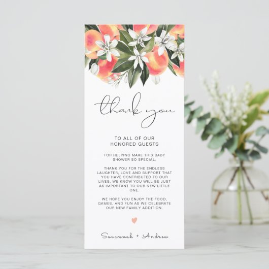SAVANNAH Peach Baby shower Table Dank je wel Menu (Staand voorkant)