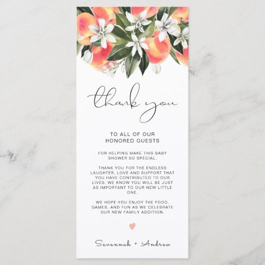 SAVANNAH Peach Baby shower Table Dank je wel Menu (Voorkant)
