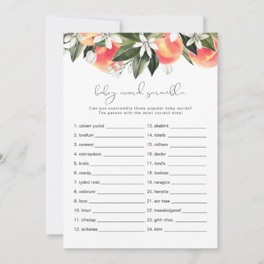 SAVANNAH Peach Baby Word Scramble Baby shower Kaart (Voorkant)