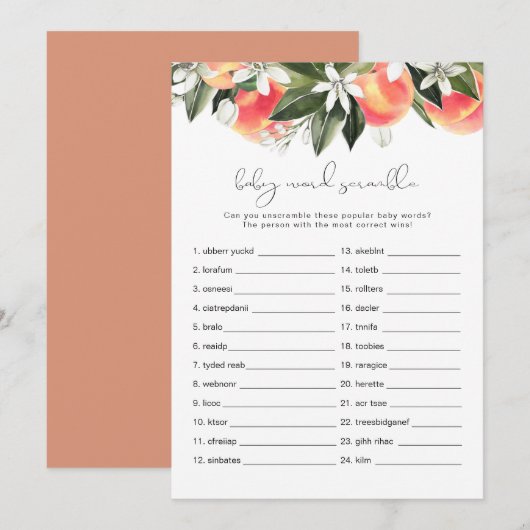 SAVANNAH Peach Baby Word Scramble Baby shower Kaart (Voorkant / Achterkant)