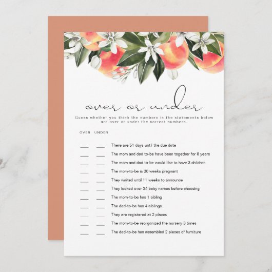 SAVANNAH Peach Over Onder Baby shower Game Kaart (Voorkant / Achterkant)