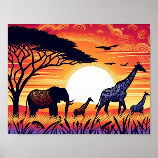 Savannah Silhouettes: een serenade bij zonsonderga Poster (Voorkant)