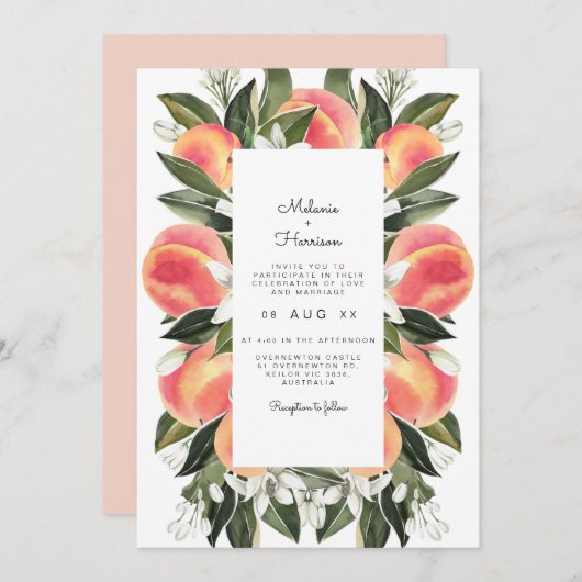 Savannah - Waterverf Peach Botanical Wedding Kaart (Voorkant / Achterkant)