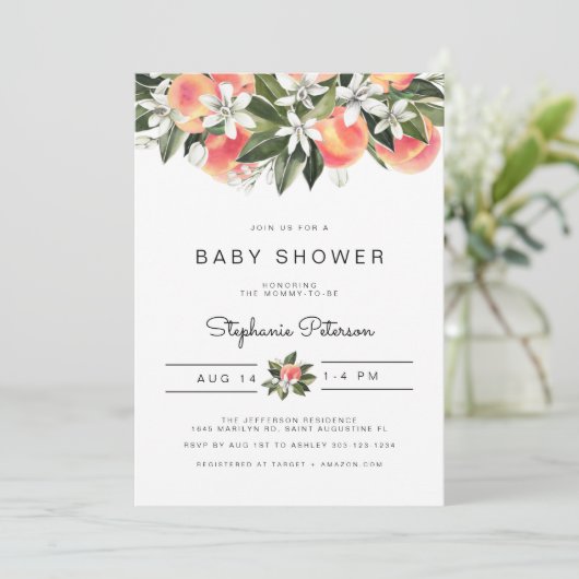 SAVANNAH Waterverf Perzik Baby shower Uitnodiging (Staand voorkant)
