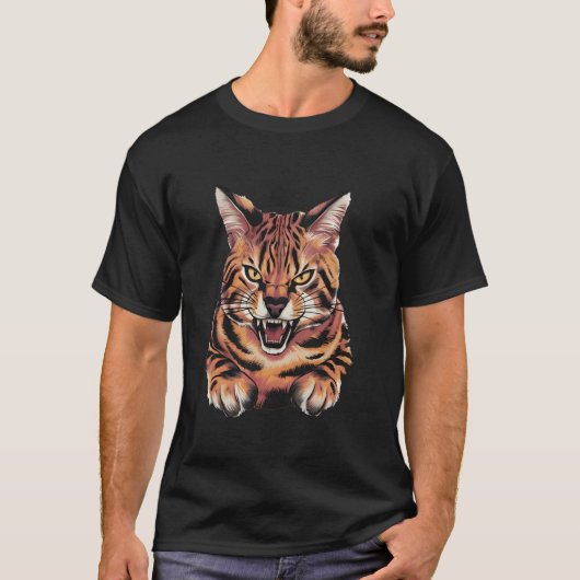 Savannekat Grappig Ontwerp Brullende Serval Kat T-shirt (Voorkant)