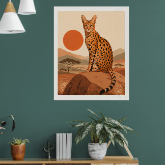 Savannekat op Rots Boho Muur Kunstprint Decor Poster
