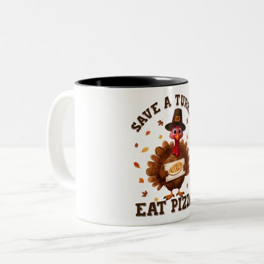 Save a Turkey Eat Pizza – Funny Thanksgiving Pizza Tweekleurige Koffiemok (Voorkant links)