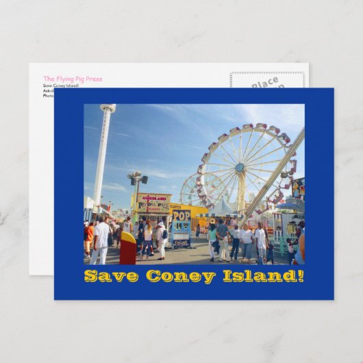 Save Coney Island! briefkaart (blauw) (Voorkant / Achterkant)