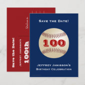 Save Date 100th Birthday Party Baseball Uitnodigin Aankondigingskaart (Voorkant / Achterkant)
