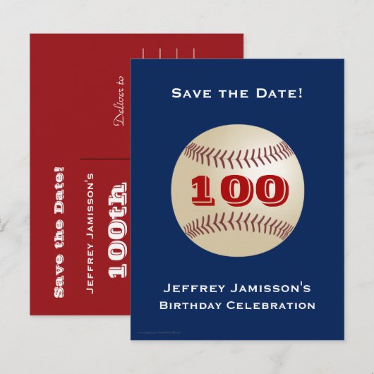Save Date 100th Birthday Party Baseball Uitnodigin Aankondigingskaart (Voorkant / Achterkant)