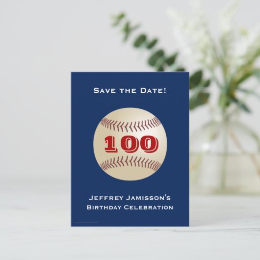 Save Date 100th Birthday Party Baseball Uitnodigin Aankondigingskaart (Staand voorkant)