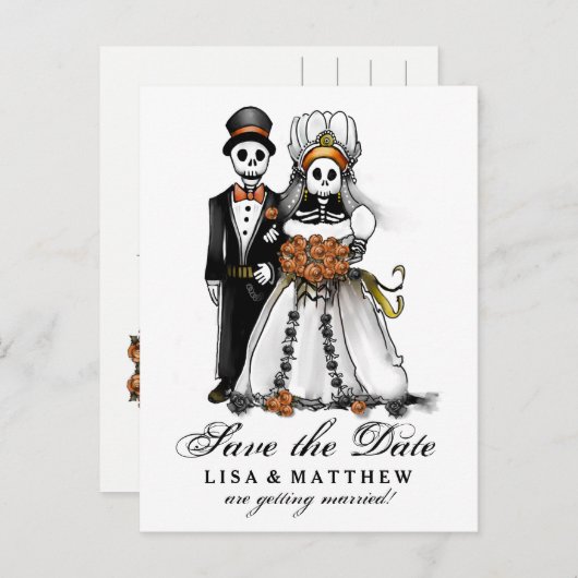 Save Date Halloween Skeletons Oranje Briefkaart (Voorkant / Achterkant)