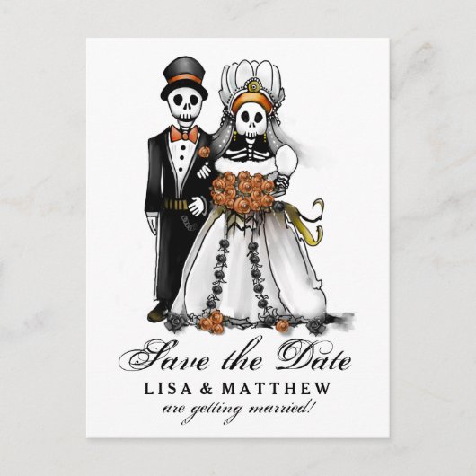 Save Date Halloween Skeletons Oranje Briefkaart (Voorkant)