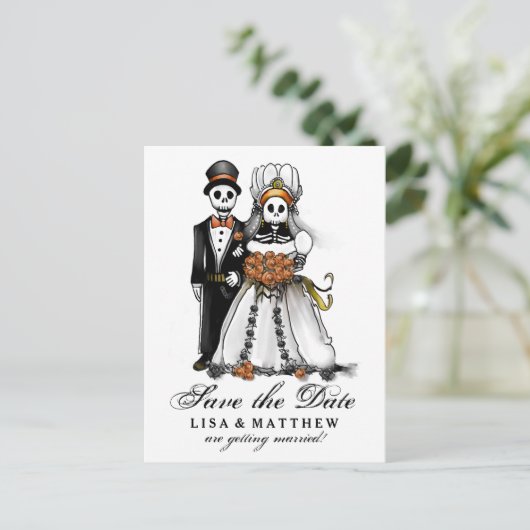 Save Date Halloween Skeletons Oranje Briefkaart (Staand voorkant)