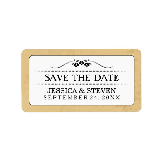 Save Date Label - Tan Zwart & Wit Fancy Bloemen (Voorkant)