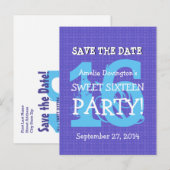 Save Date Sweet 16 Paarse Blauwe Verjaardagsfeest Aankondigingskaart (Voorkant / Achterkant)