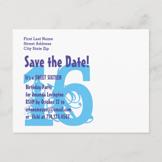 Save Date Sweet 16 Paarse Blauwe Verjaardagsfeest  Aankondigingskaart (Achterkant)