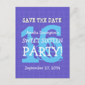 Save Date Sweet 16 Paarse Blauwe Verjaardagsfeest  Aankondigingskaart (Voorkant)