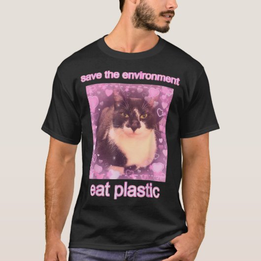 Save Environment Eet Plastic Kat Meme T-shirt (Voorkant)