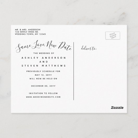 Save Love New Date Script Fotobruiloft uitgesteld Briefkaart (Achterkant)