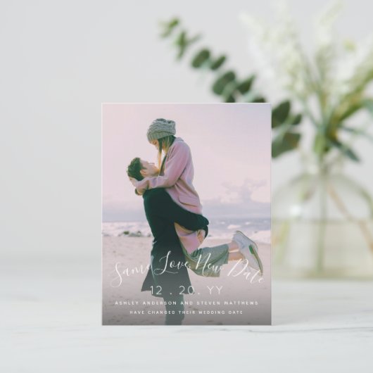 Save Love New Date Script Fotobruiloft uitgesteld Briefkaart (Staand voorkant)