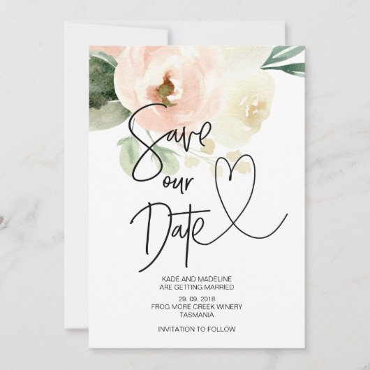 Save Our Date Blush Roze Bloemige Trouw Kaart (Voorkant)