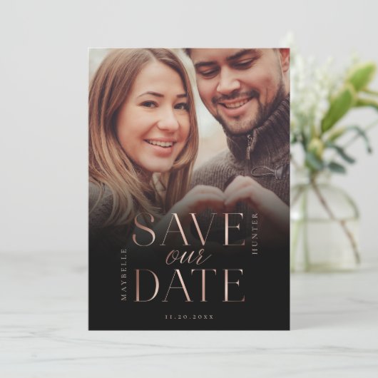 Save Our Date Rose Goud Volledige Foto Zwarte Grad Save The Date (Staand voorkant)