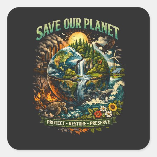 Save Our Planet Vierkante Sticker (Voorkant)
