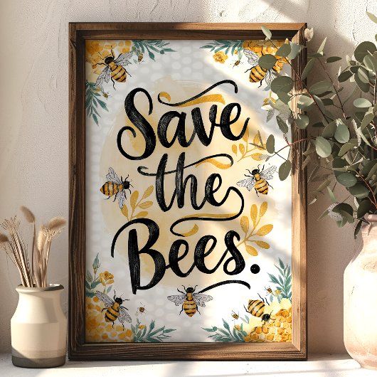 Save the Bees Floral en Honeycomb Muurkunst Poster