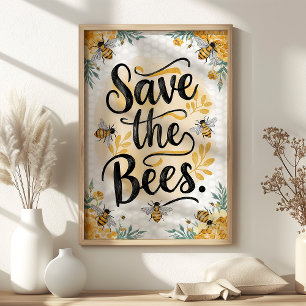 Save the Bees Floral en Honeycomb Muurkunst Poster