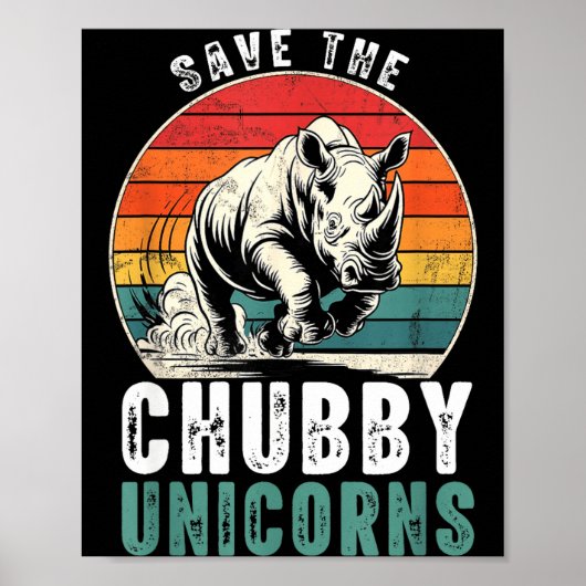 Save The Chubby Unicorns Funny Retro Rhino Animal Poster (Voorkant)