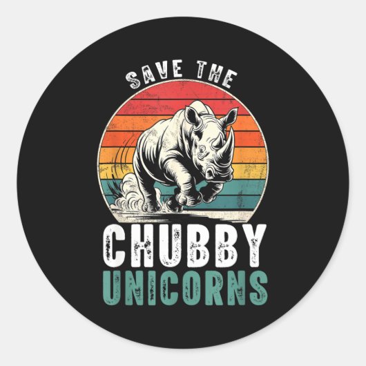 Save The Chubby Unicorns Funny Retro Rhino Animal Ronde Sticker (Voorkant)
