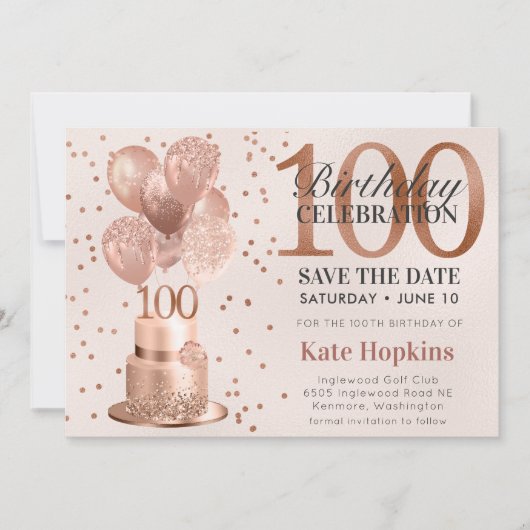 Save The Date 100ste Verjaardag Roze Gouden Cake (Voorkant)