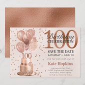 Save The Date 100ste Verjaardag Roze Gouden Cake (Voorkant / Achterkant)