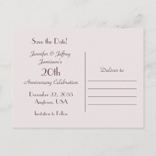 Save the Date 20th Jubileum Party Roze Roos Aankondigingskaart (Achterkant)