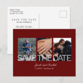 Save the Date 3-Photo Collage Bourgogne Red Weddin Briefkaart (Voorkant / Achterkant)