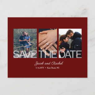 Save the Date 3-Photo Collage Bourgogne Red Weddin Briefkaart